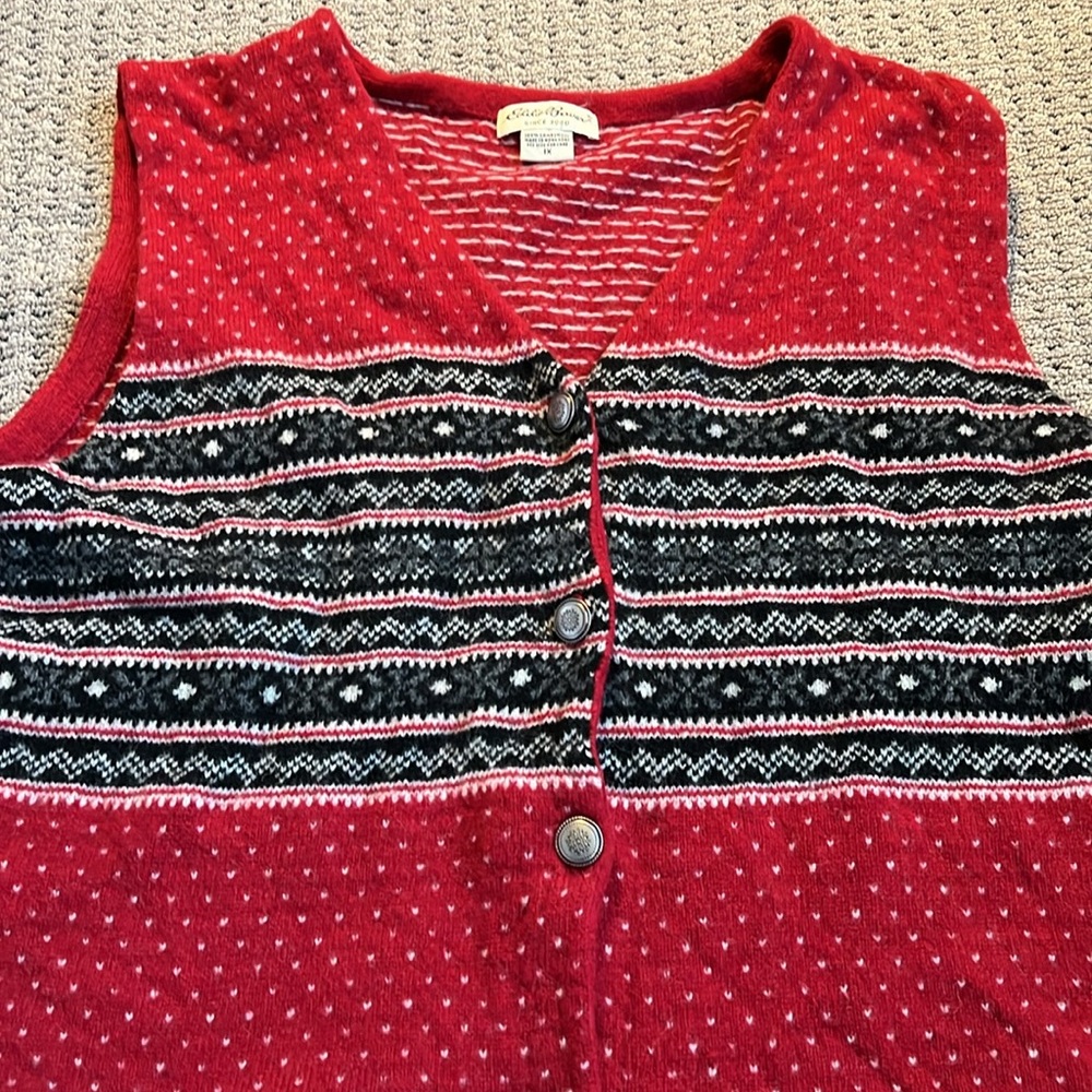 Eddie Bauer Lambswool Red Patterned Button Up V-N… - image 3
